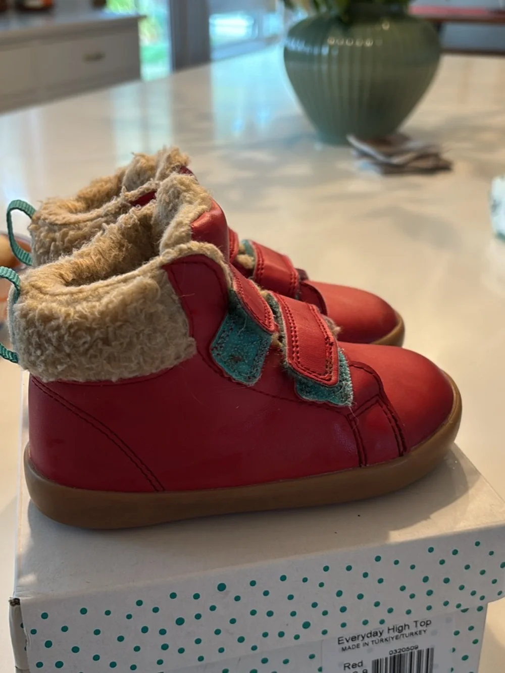 Kids Red Faux-Fur Lined Winter Boots with Hook-and-Loop Straps